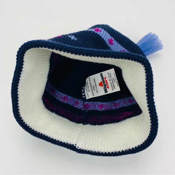 Wigwam Fair Isle Wool Tasseled Beanie Winter Hat Made in USA Navy Purple - Picture 4 of 11